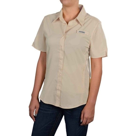 Columbia Women's Crystal Springs PFG Short Sleeve Shirt Top Tan Solid Size M - Picture 1 of 9